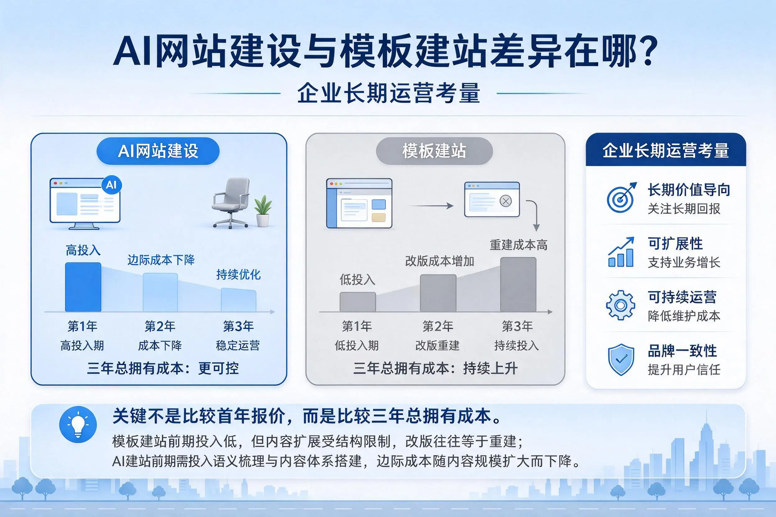 AI网站建设与模板建站差异在哪?牡丹江企业长期运营考量